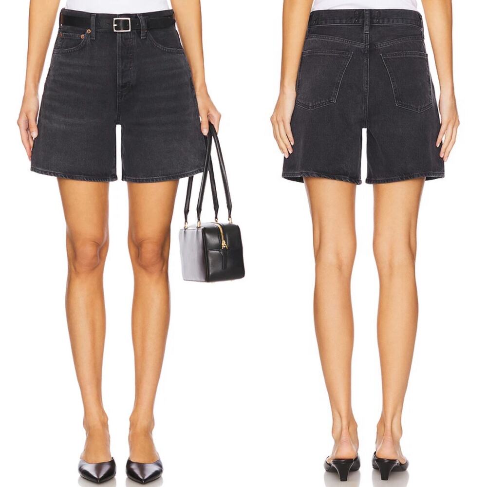 AGOLDE Dame High Rise Baggy Denim Shorts Hitch Washed Black Size 23 NWT